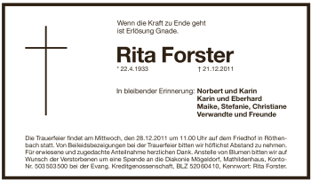 Traueranzeige von Rita Forster von Pegnitz-Zeitung